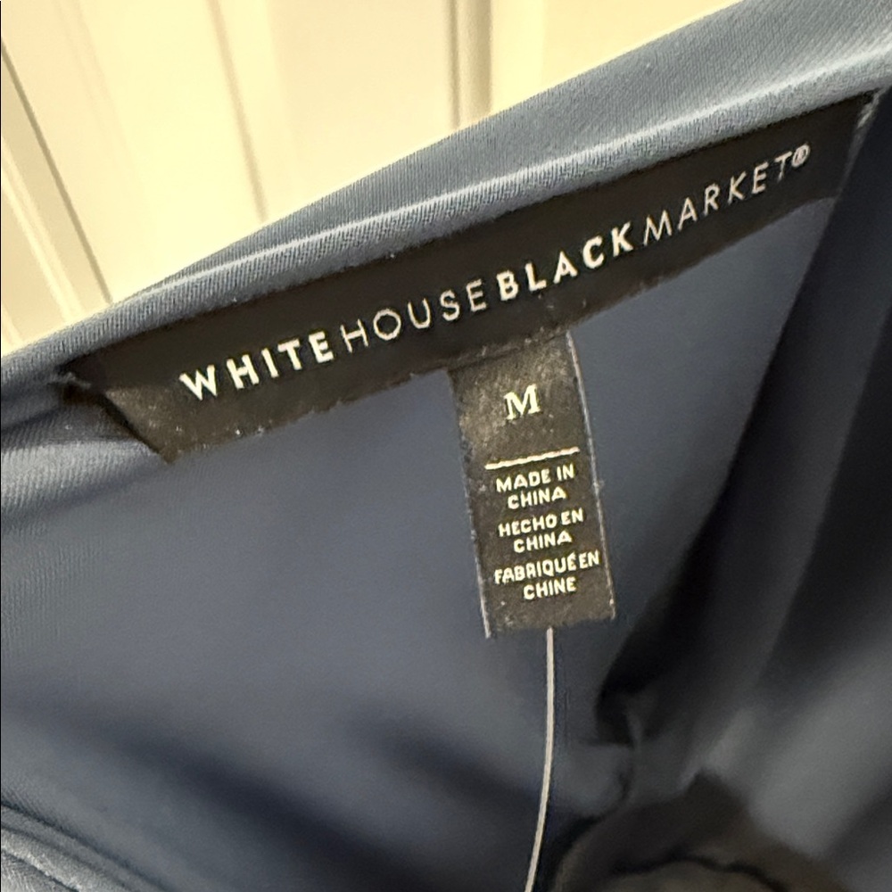 White House Black Market Dusty Blue Blouse with v-neck back and lovely bow - Picture 2 of 5